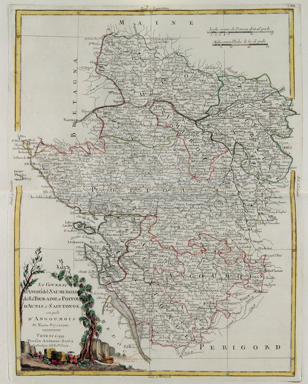 Styrningen av Anjou, Saumurois, Touraine och Poitou, Aunis och Saintonge med den av Anjoumois, gravyr av G. Zuliani hämtad från Tome I of the Newest Atlas publicerad i Venedig 1777 av Antonio Z av G. Zuliani