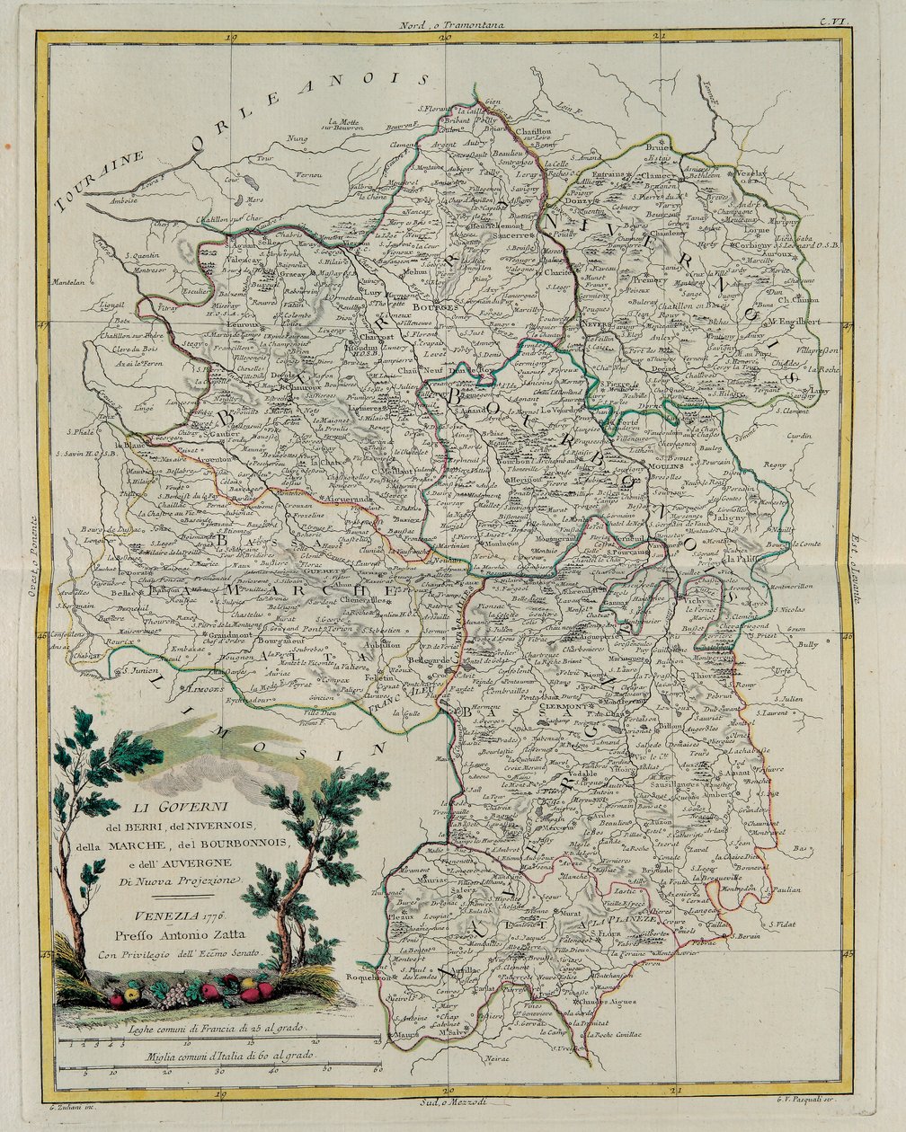 Styrning av Berri, Nivernois, Marche, Bourbon och Auvergne, gravyr av G. Zuliani hämtad från Tome I av den nyaste atlasen publicerad i Venedig 1776 av Antonio Zatta, Privat samling av G. Zuliani