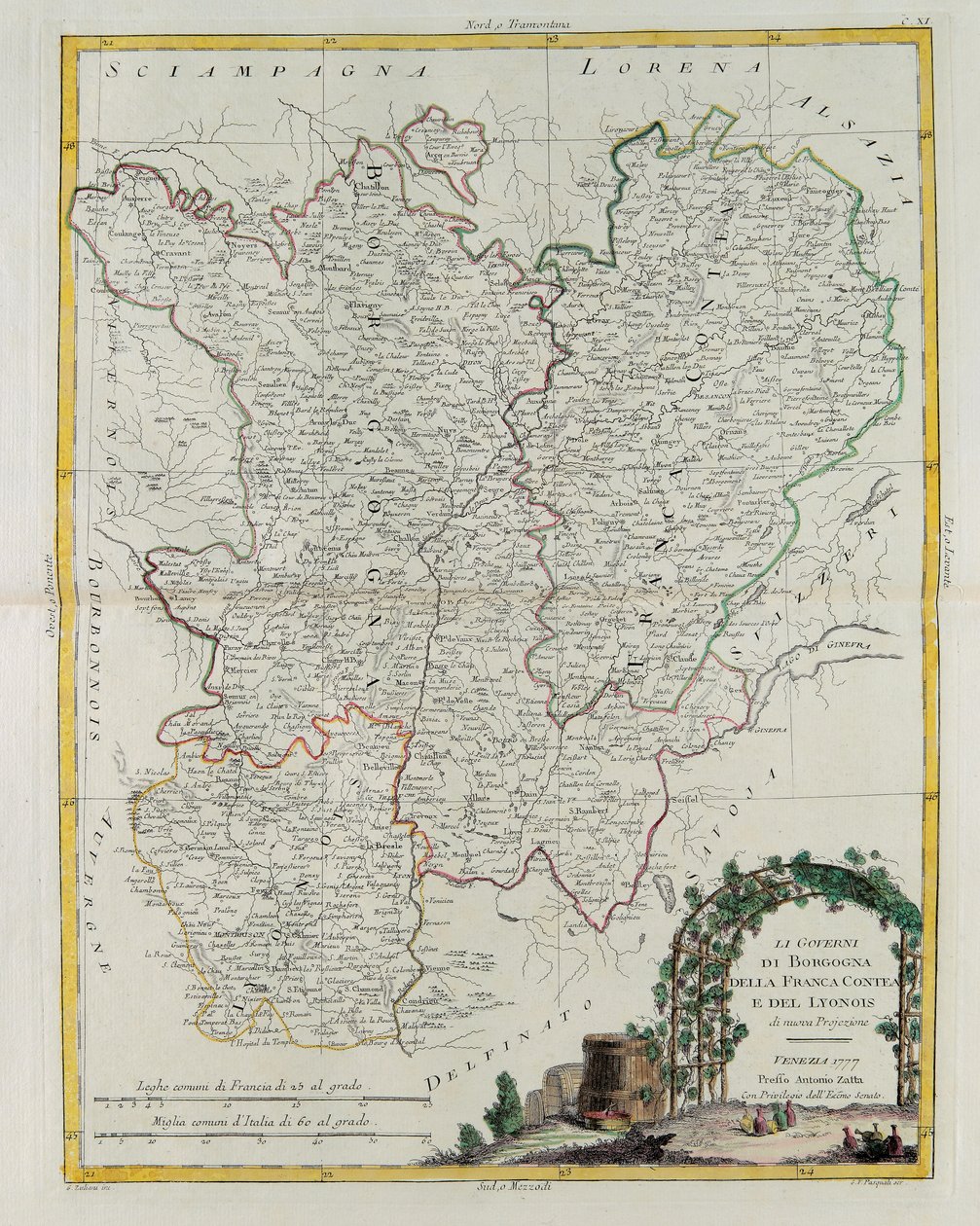 Governances of Bourgogne, Franca Contea och Lyons, gravyr av G. Zuliani hämtad från Tome I of the Newest Atlas publicerad i Venedig 1777 av Antonio Zatta, Privat samling av G. Zuliani