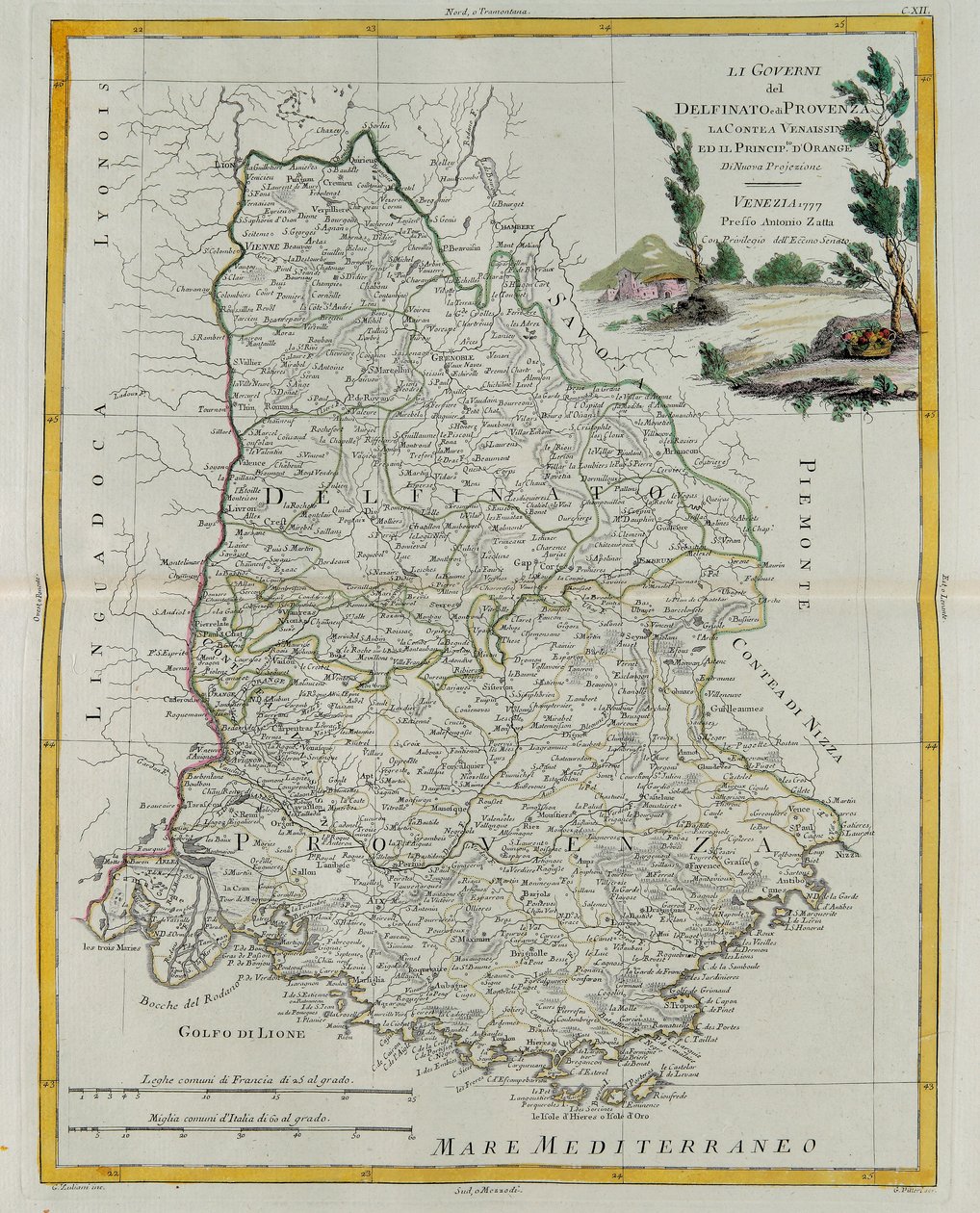 Styrningen av Dauphin, Provence, grevskapet Venaissin och Principate of Orange, gravyr av G. Zuliani hämtad från Tome I of the Newest Atlas publicerad i Venedig 1777 av Antonio Zatta, Priv av G. Zuliani