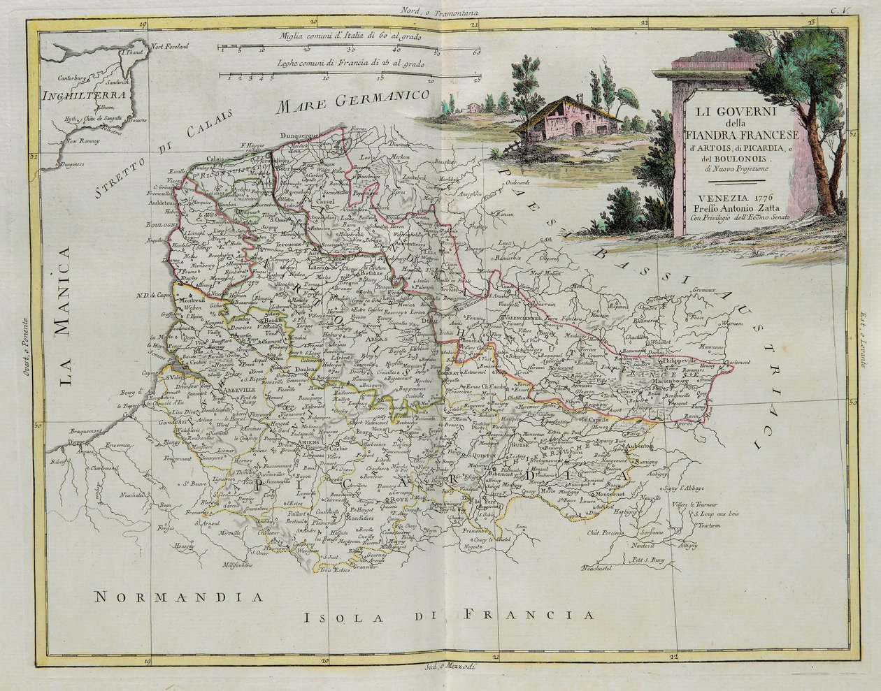 Styrning av franska Flandern, Artois, Picardie och Boulonois, gravyr av G. Zuliani hämtad från Tome I av den nyaste atlasen publicerad i Venedig 1776 av Antonio Zatta, Privat samling av G. Zuliani