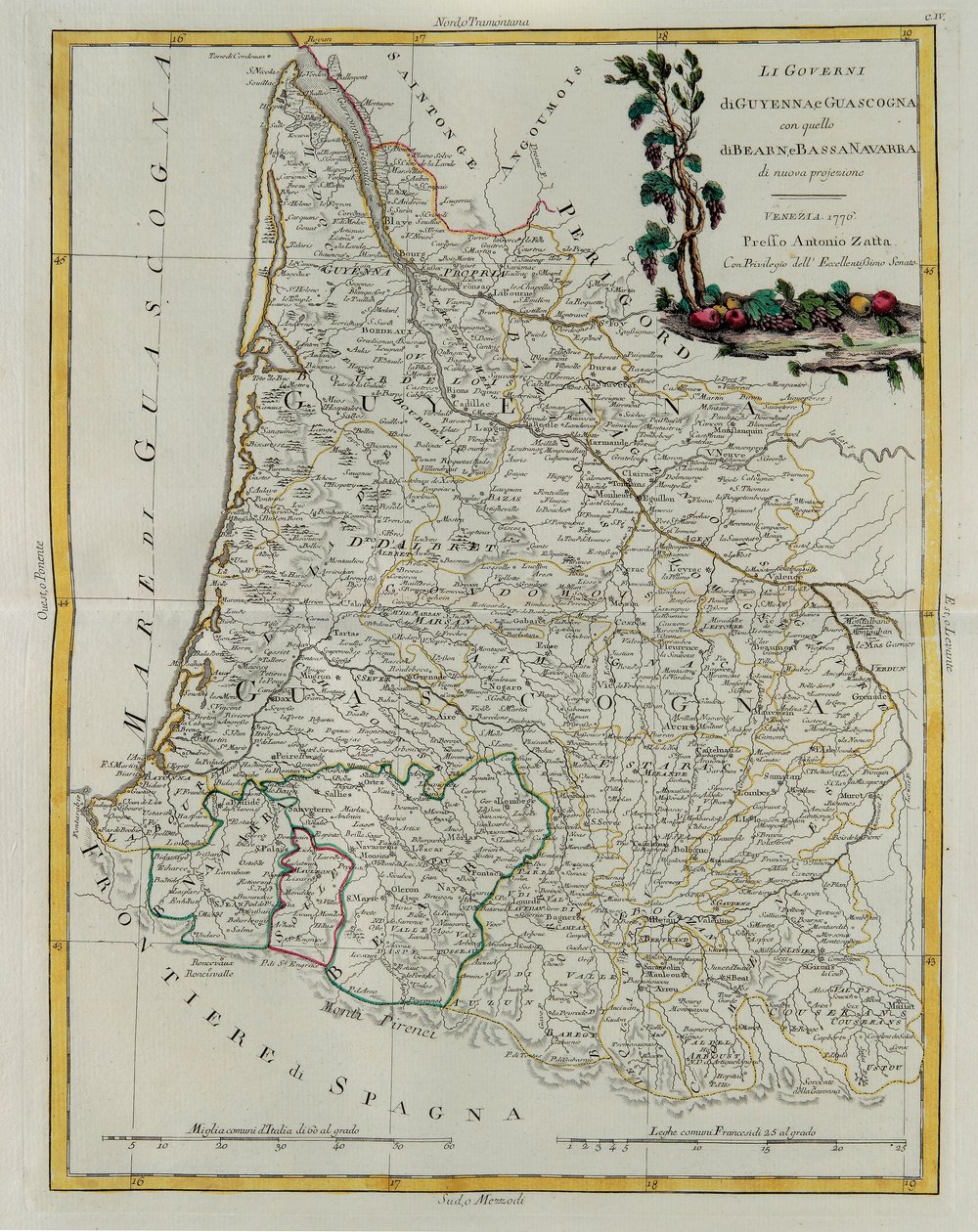 Styrningen av Guyenne och Gascogne med den i Bearn och Nedre Navarra, gravyr av G. Zuliani hämtad från Tome I of the Newest Atlas publicerad i Venedig 1776 av Antonio Zatta, Privat samling av G. Zuliani