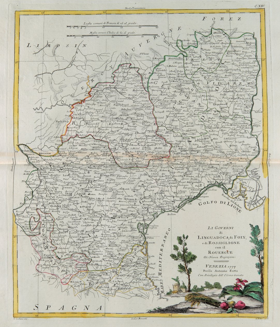 Styrning av Langedoc, Foix och Roussillon med Rouergue, gravyr av G. Zuliani hämtad från Tome I av den nyaste atlasen publicerad i Venedig 1777 av Antonio Zatta, Privat samling av G. Zuliani