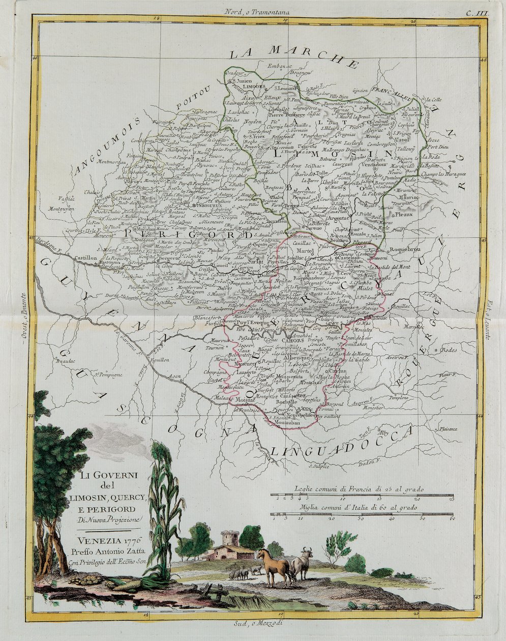 Styrning av Limosin, Quercy och Perigord, gravyr av G. Zuliani hämtad från Tome I of the Newest Atlas publicerad i Venedig 1776 av Antonio Zatta, Privat samling av G. Zuliani