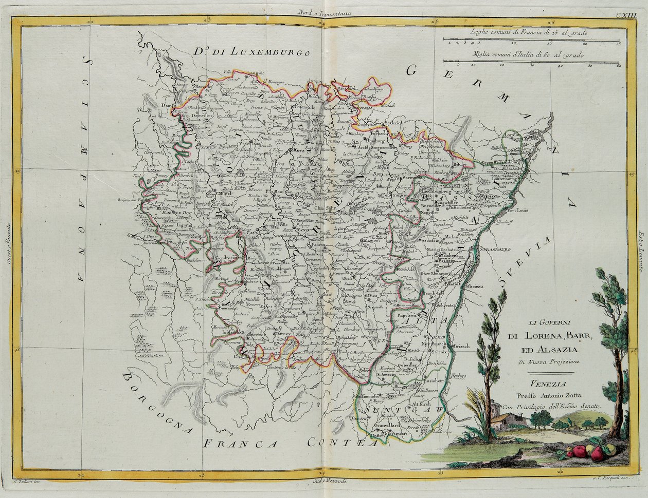 Styrning av Lorraine, Barr och Alsace, gravyr av G. Zuliani hämtad från Tome I av "Newest Atlas" publicerad i Venedig av Antonio Zatta, Privat samling av G. Zuliani
