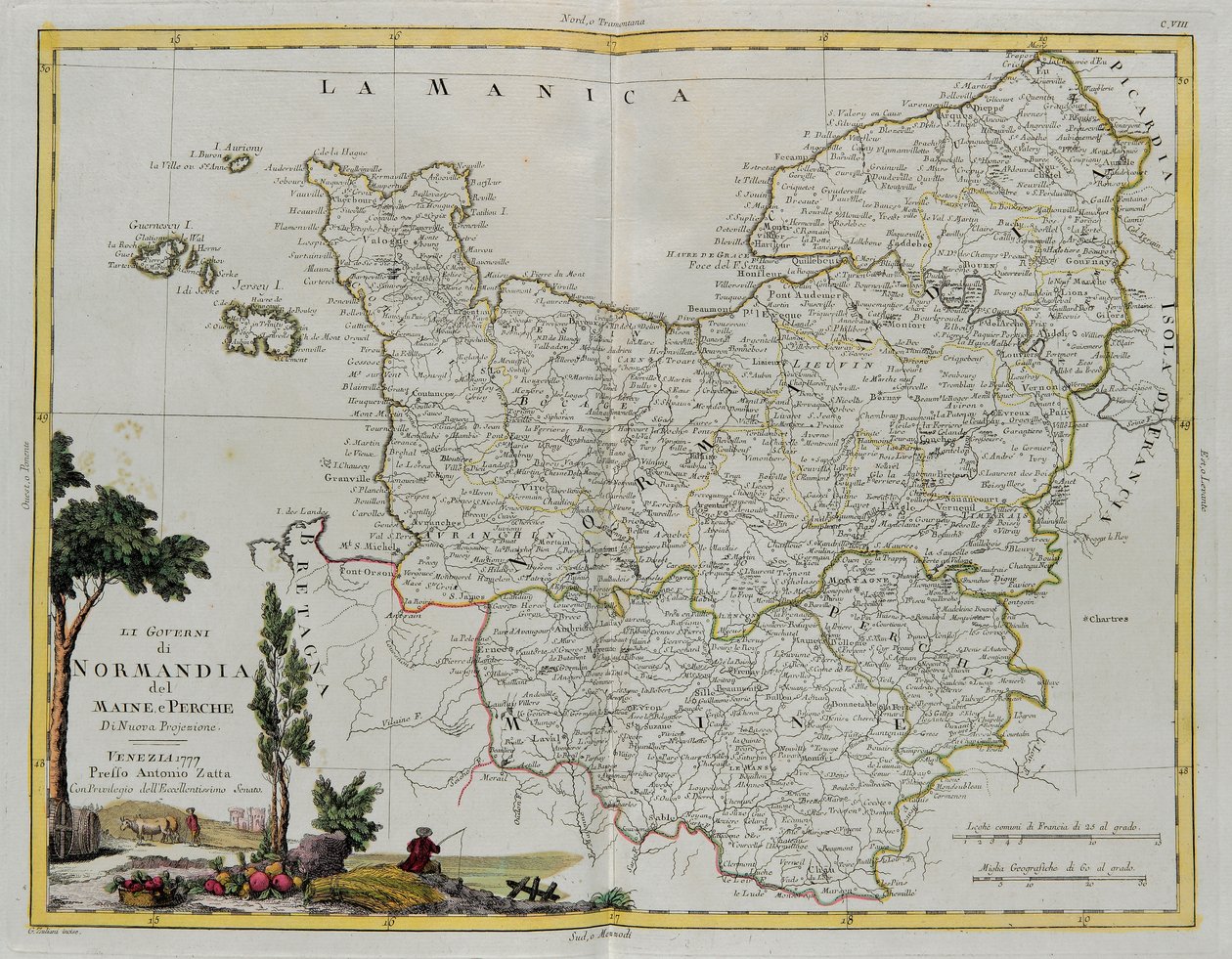 Styrning av Normandie, Maine och Perche, gravyr av G. Zuliani hämtad från Tome I of the Newest Atlas publicerad i Venedig 1777 av Antonio Zatta, Privat samling av G. Zuliani