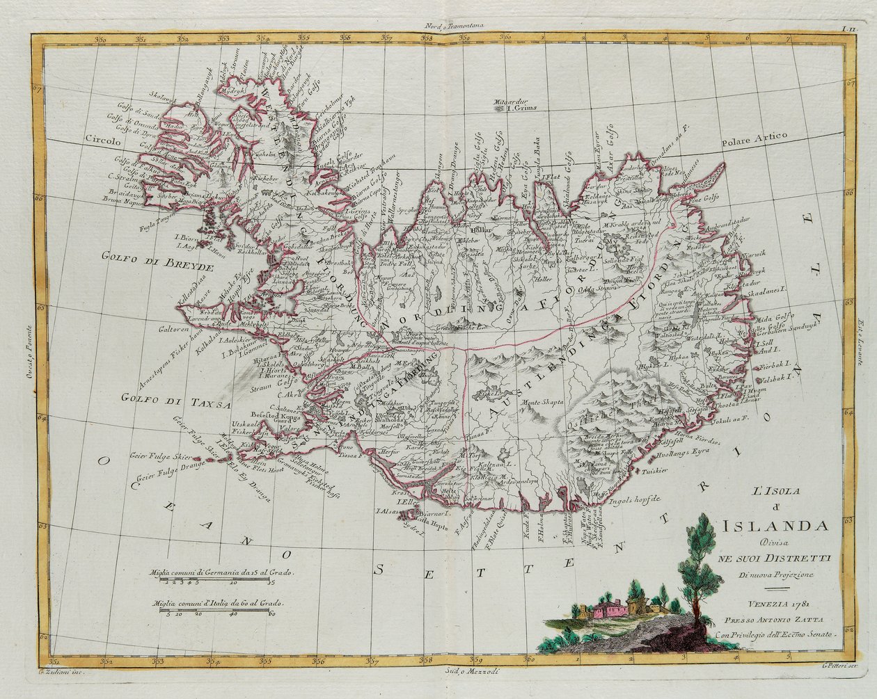Island uppdelat i sina distrikt, gravyr av G. Zuliani hämtad från Tome III i "Nyaste Atlas" publicerad i Venedig 1781 av Antonio Zatta, Privatsamling av G. Zuliani