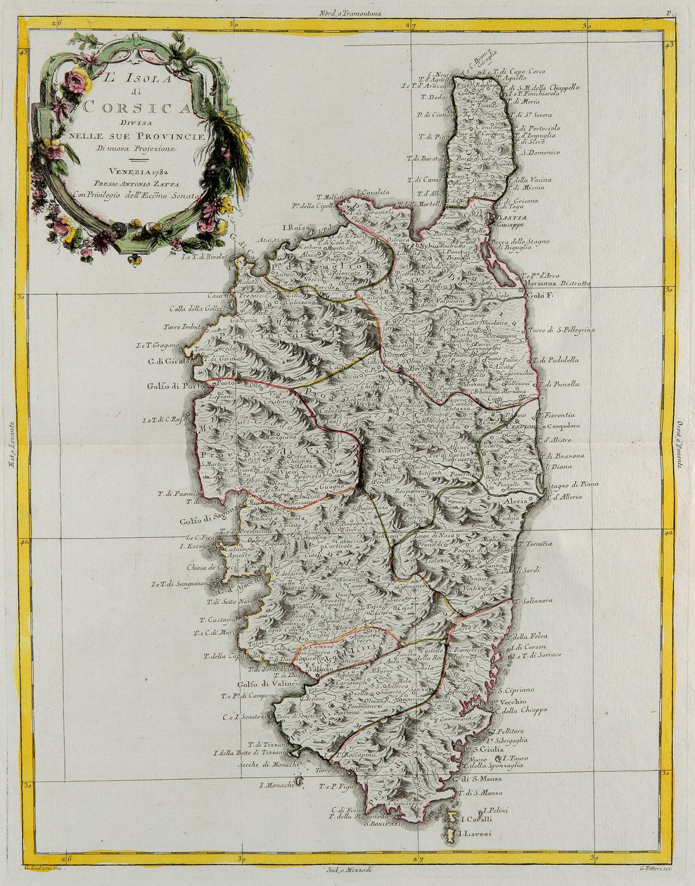 Ön Korsika indelad i dess provinser, gravyr av G. Zuliani hämtad från Tome II av "Nyaste Atlas" publicerad i Venedig 1782 av Antonio Zatta, Privat samling av G. Zuliani