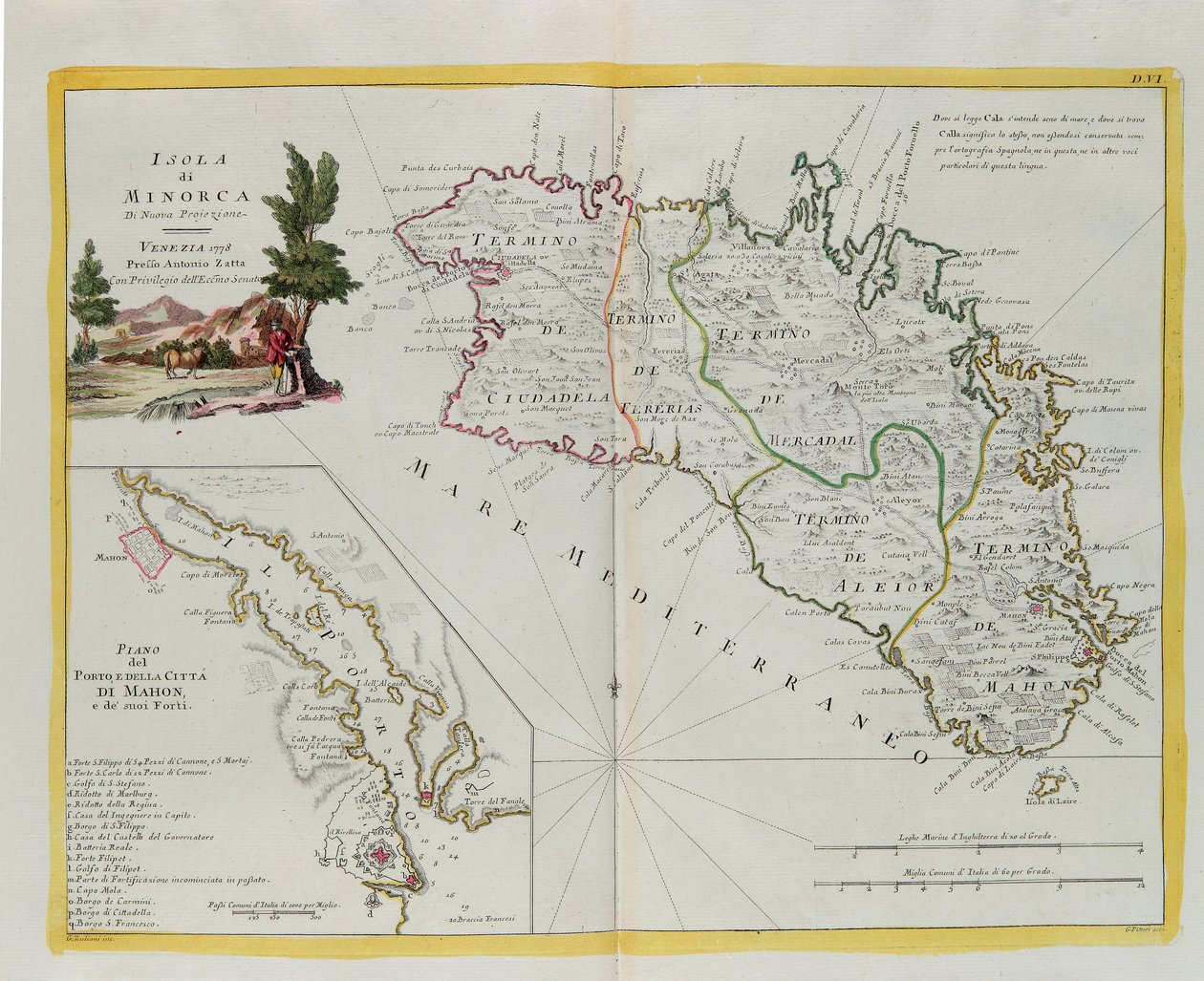 Ön Menorca och planen för hamnen och staden Mahon och dess fort, gravyr av G. Zuliani hämtad från Tome I av "Nyaste Atlas" publicerad i Venedig 1778 av Antonio Zatta, Privat samling av G. Zuliani