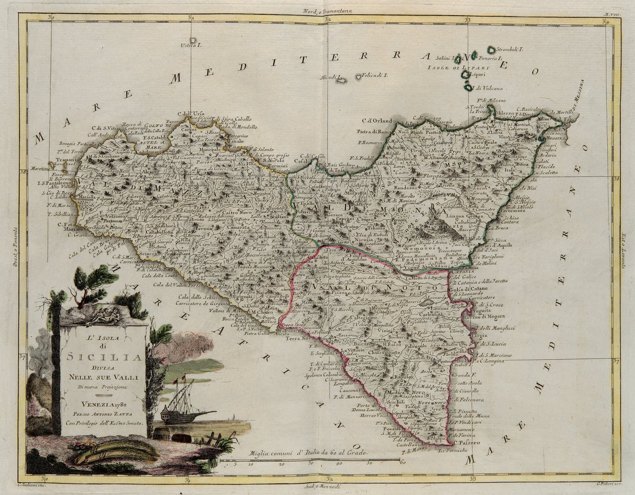 Ön Sicilien, uppdelad i dess dalar, gravyr av G. Zuliani hämtad från Tome II av den nyaste atlasen publicerad i Venedig 1782 av Antonio Zatta, Privat samling av G. Zuliani