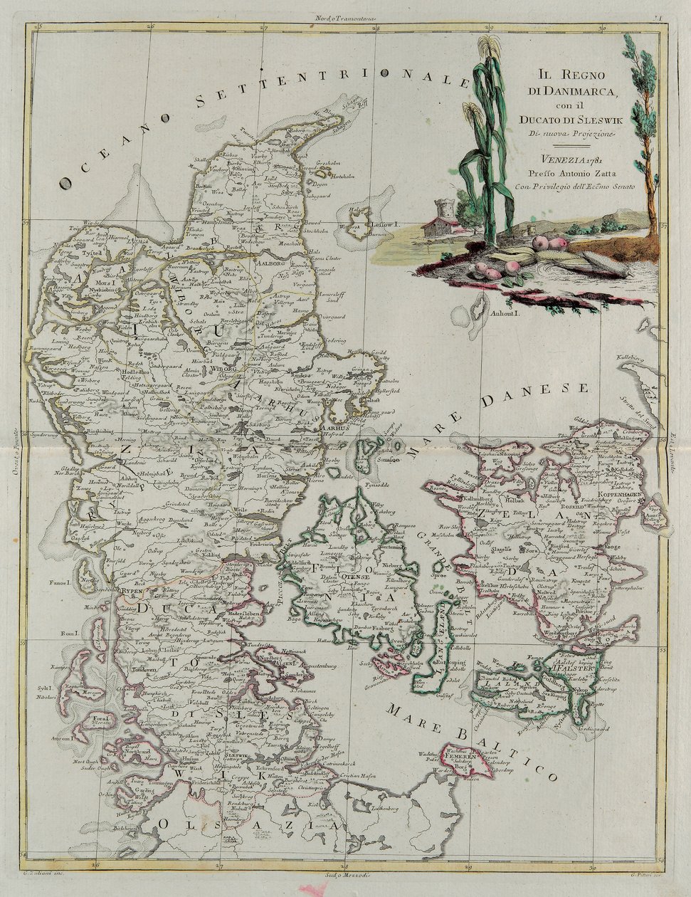 Konungariket Danmark med hertigdömet Slesvik, gravyr av G. Zuliani hämtad från Tome III i "Nyaste Atlas" publicerad i Venedig 1781 av Antonio Zatta, Privatsamling av G. Zuliani