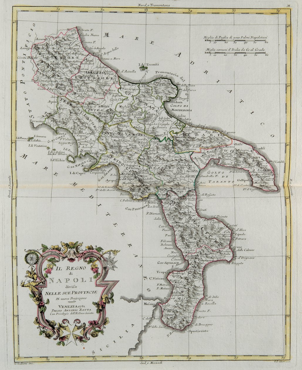 Konungariket Neapel uppdelat i dess provinser, gravyr av G. Zuliani hämtad från Tome II av "Nyaste Atlas" publicerad i Venedig 1781 av Antonio Zatta, Privat samling av G. Zuliani