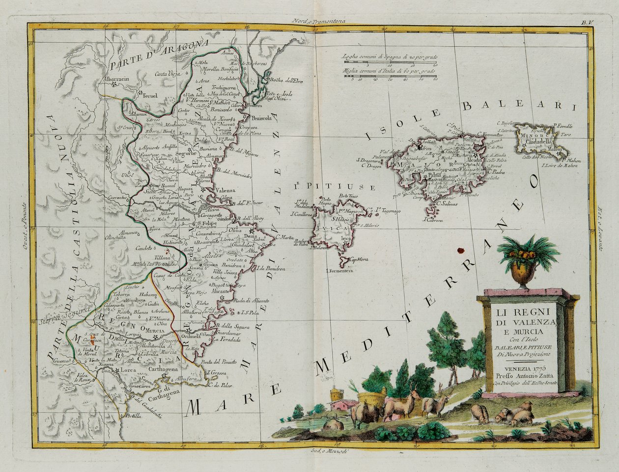 Kungadömena Valencia och Murcia med öarna Baleari och Pitiuse, gravyr av G. Zuliani hämtad från Tome I of the Newest Atlas publicerad i Venedig 1775 av Antonio Zatta, Privat samling av G. Zuliani