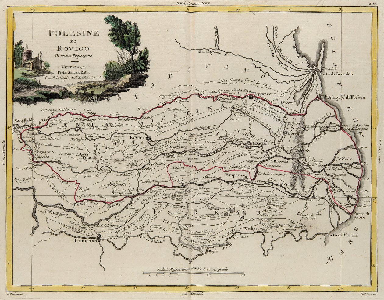 Landområde i delstaten Veneto: område av Rovigo, graverat av G. Zuliani, hämtat från volym II av "Nyaste atlas" publicerad i Venedig 1782 av Antonio Zatta, privat samling av G. Zuliani