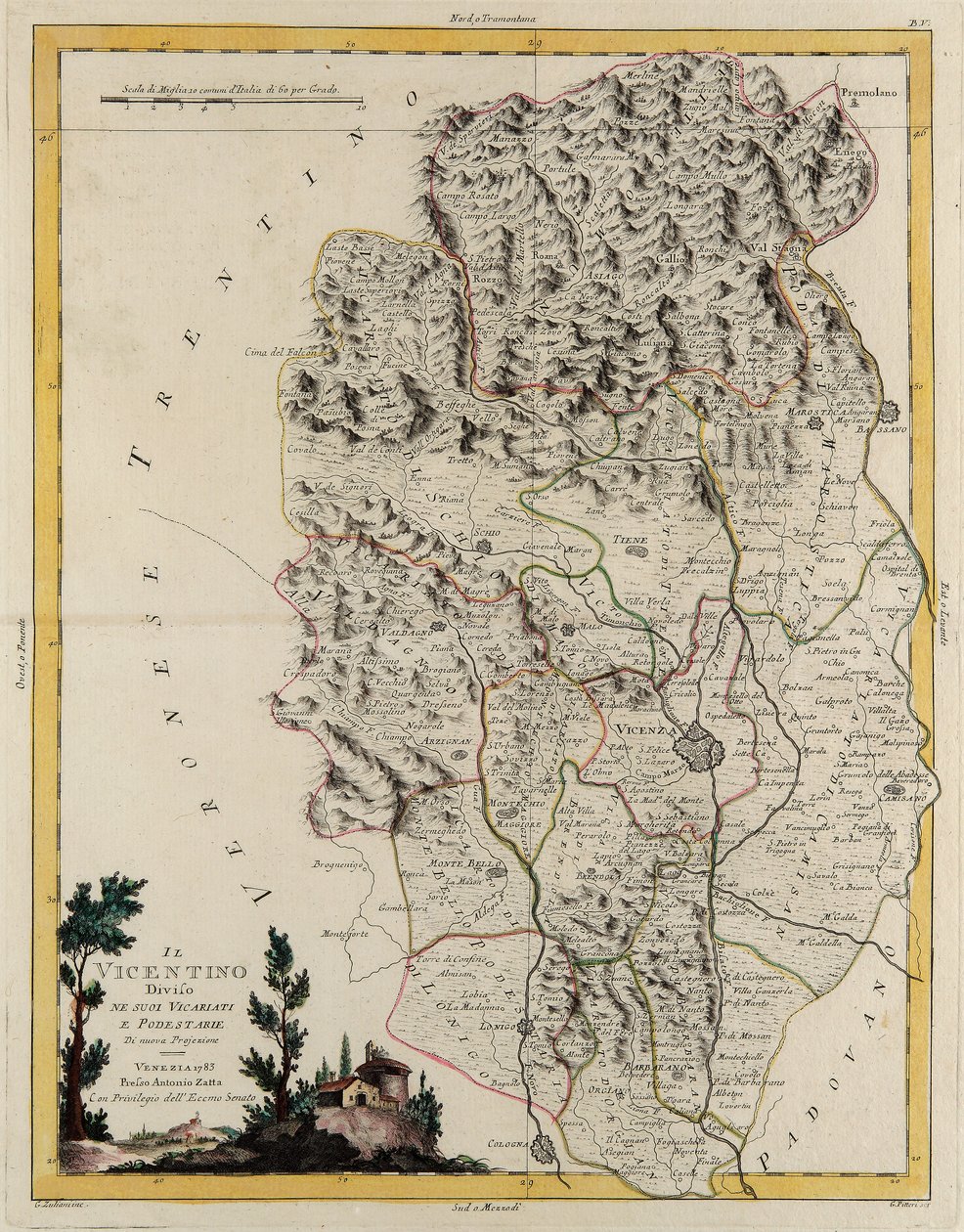 Landområde i delstaten Veneto: området av Vicenza uppdelat i dess biskopsråd och magistrater, gravyr av G. Zuliani hämtad från Tome II av "Nyaste Atlas" publicerad i Venedig 1782 av Antonio Zatta, privat samling av G. Zuliani