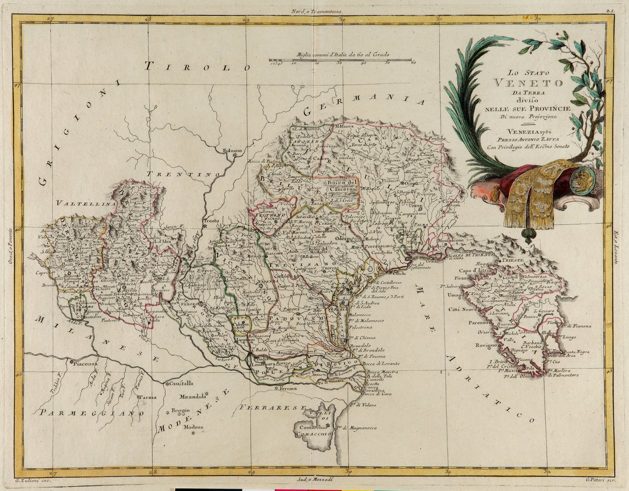 Landområde i staten Veneto, uppdelat i dess provinser, gravyr av G. Zuliani hämtad från Tome II av "Nyaste Atlas" publicerad i Venedig 1782 av Antonio Zatta, Privat samling av G. Zuliani