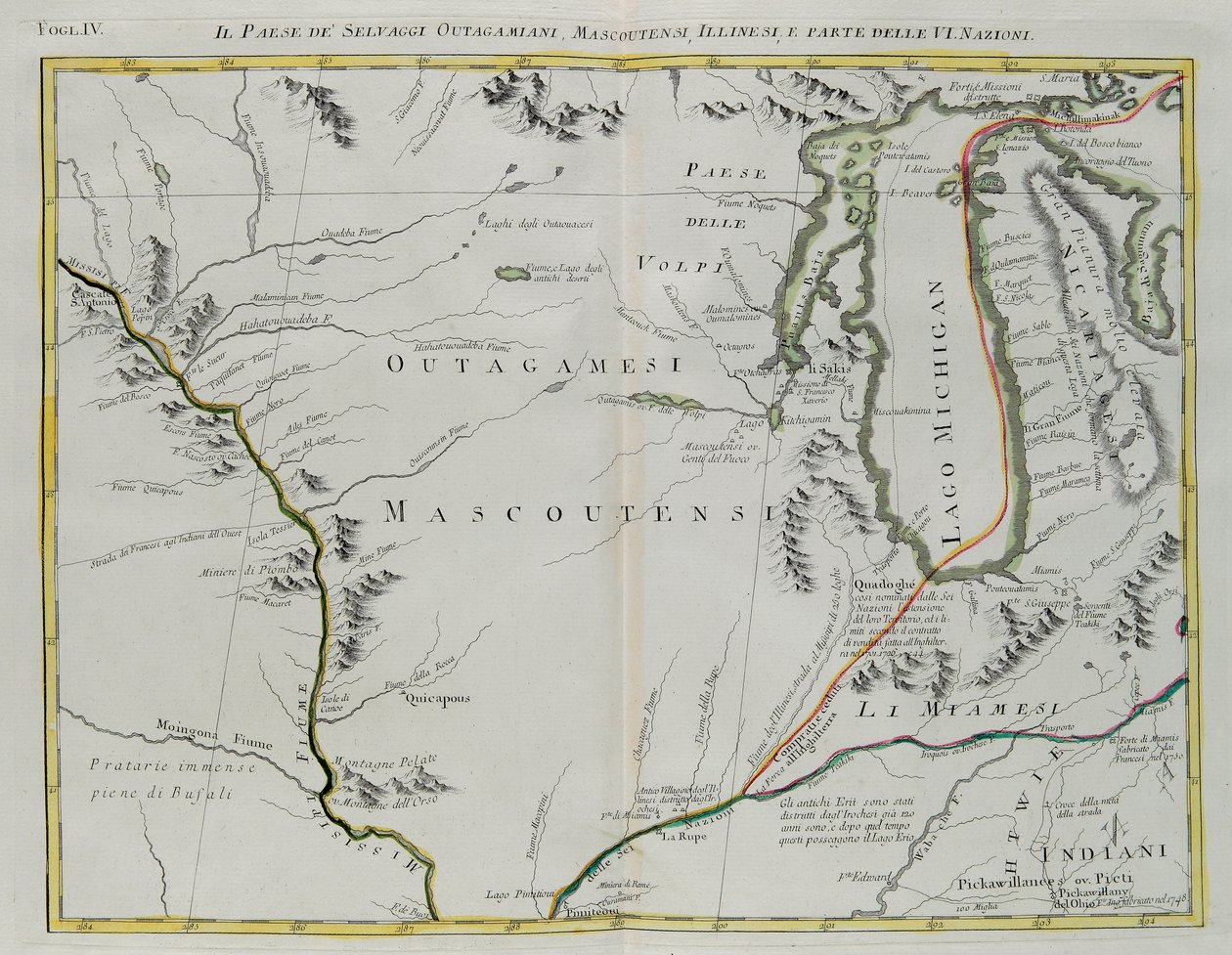 Land of Outagamie, Mascoutin, Illinois-indianer och en del av de sex nationerna, gravyr av G. Zuliani hämtad från Tome I av "Newest Atlas" publicerad i Venedig 1778 av Antonio Zatta, privat samling av G. Zuliani