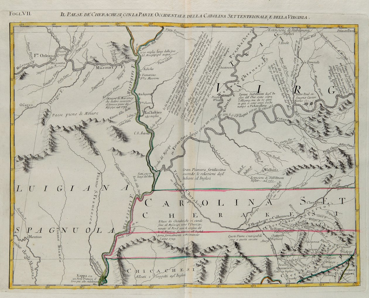 Cherokees land med den västra delen av North Carolina och Virginia, gravyr av G. Zuliani hämtad från Tome I av "Newest Atlas" publicerad i Venedig 1778 av Antonio Zatta, Privat samling av G. Zuliani