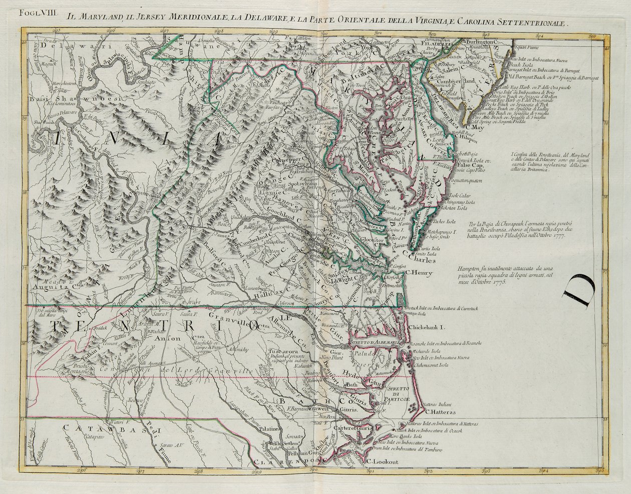 Maryland, södra New Jersey, Delaware och den östra delen av Virginia och North Carolina, gravyr av G. Zuliani hämtad från Tome I av "Newest Atlas" publicerad i Venedig 1778 av Antonio Zatta, Privat samling av G. Zuliani