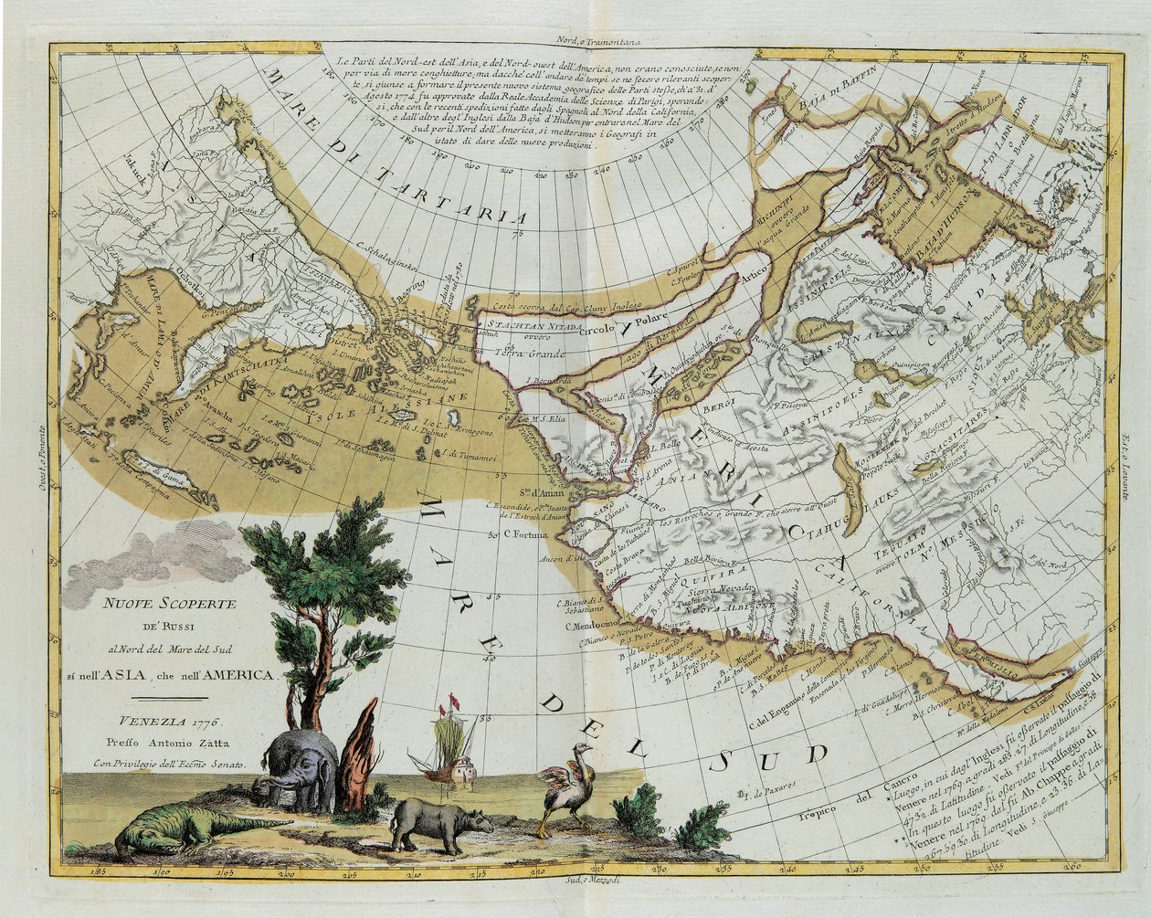 Nya upptäckter av ryssarna norr om Sydhavet. både i Asien och i Amerika, gravyr av G. Zuliani hämtad från Tome I of the Newest Atlas publicerad i Venedig 1776 av Antonio Zatta, av G. Zuliani