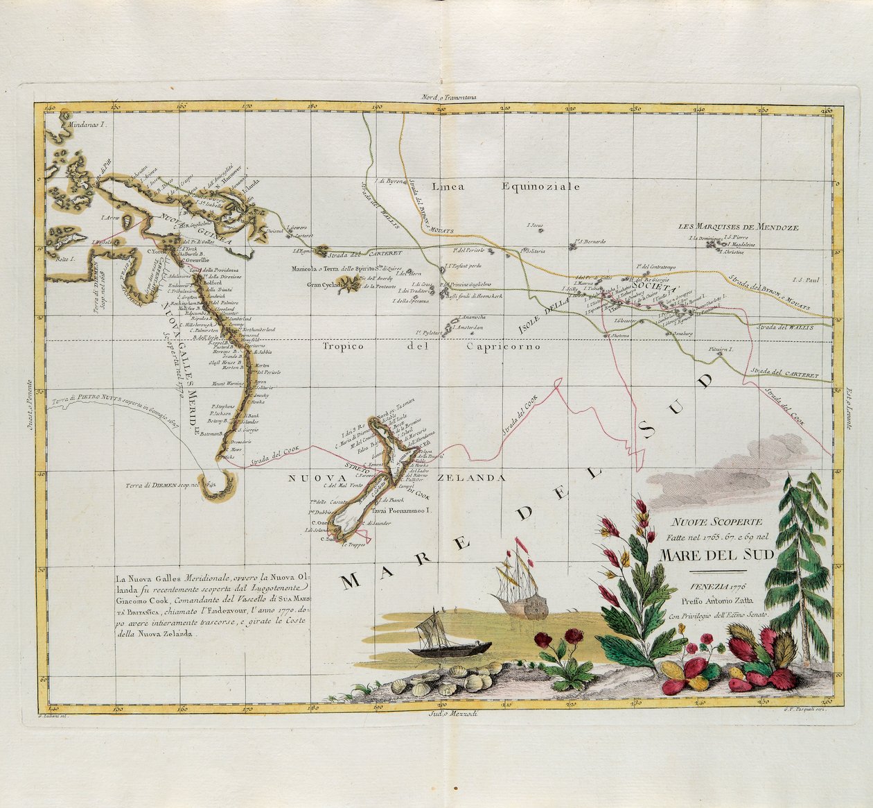 Nya upptäckter som gjordes 1775, 67 och 69 i Söderhavet, gravyr av G. Zuliani hämtad från Tome I of the Newest Atlas publicerad i Venedig 1776 av Antonio Zatta, Privat samling av G. Zuliani