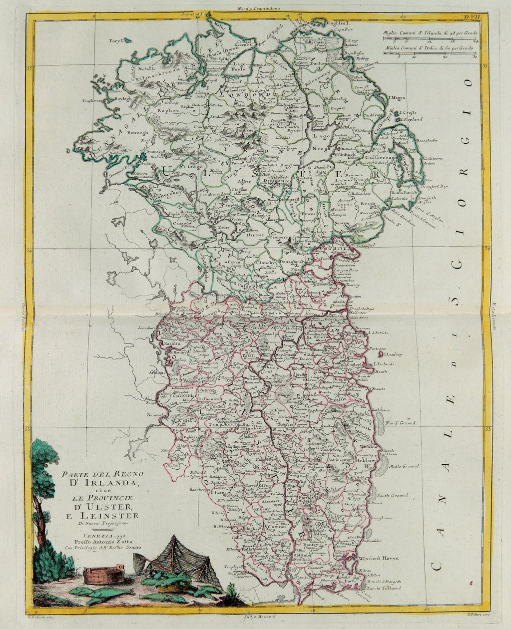 En del av kungariket Irland, det vill säga provinserna Ulster och Leinster, gravyr av G. Zuliani hämtad från Tome I av "Newest Atlas" publicerad i Venedig 1778 av Antonio Zatta, Privatsamling av G. Zuliani