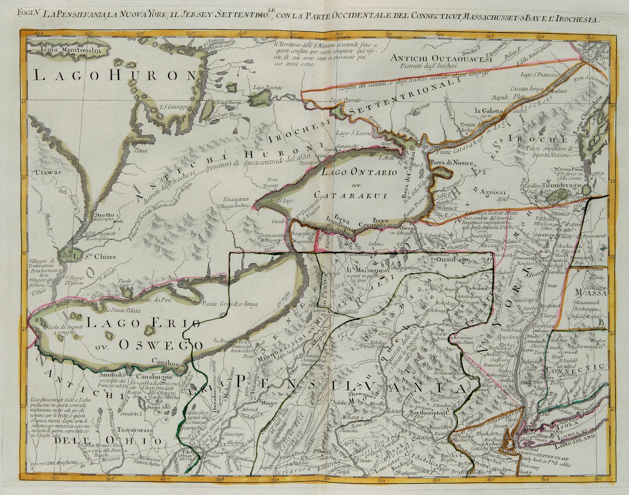 Pennsylvania, New York, södra New Jersey, med den västra delen av Connecticut, Massachusetts Bay och Land of the Iroquois, gravyr av G. Zuliani hämtad från Tome I av "Newest Atlas" publicerad i Venedig 1778 av Antonio Zatta, Privat samling av G. Zuliani