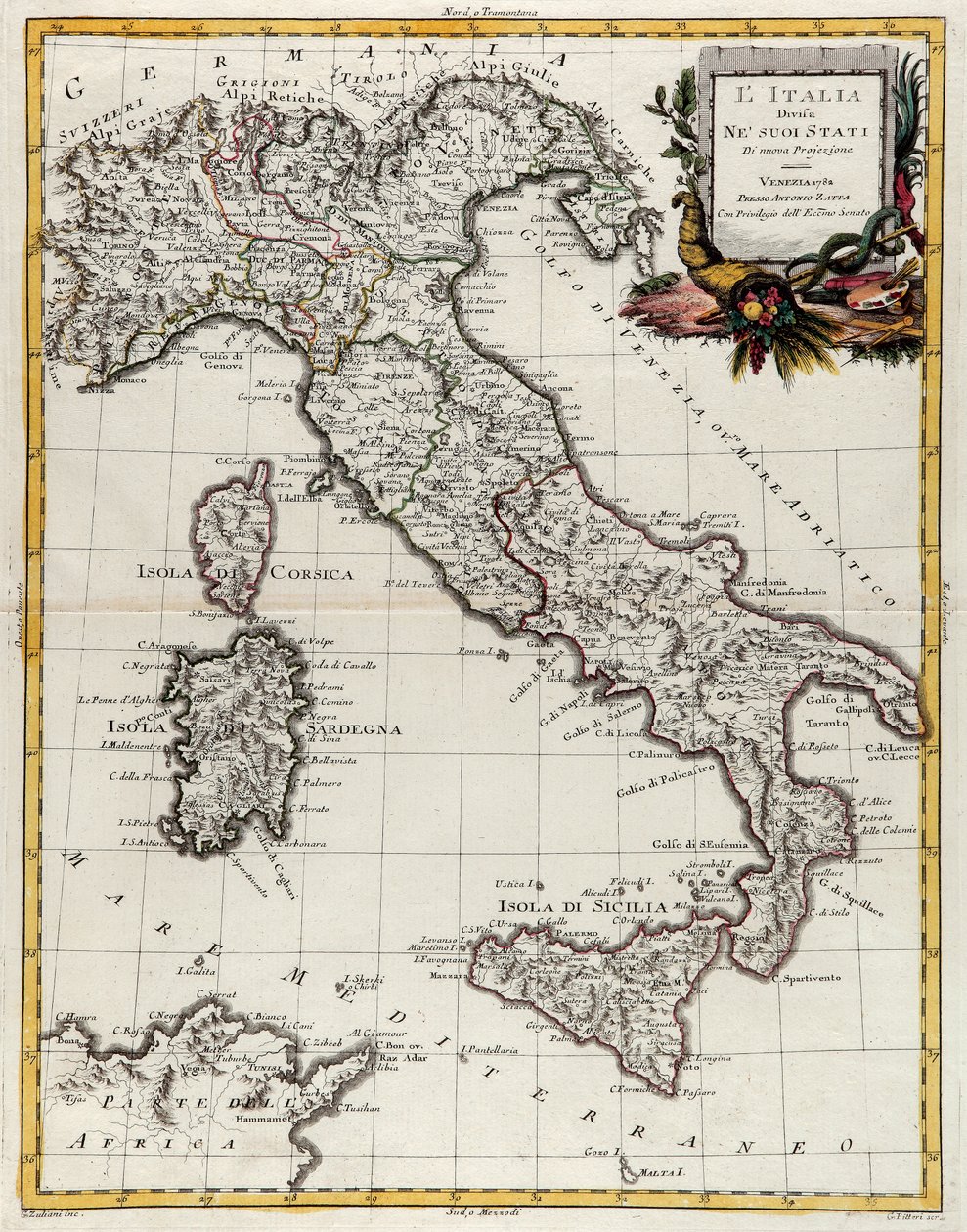 Politisk karta över Italien, gravyr av G. Zuliani hämtad från Tome II av "Newest Atlas" publicerad i Venedig 1782 av Antonio Zatta, Privat samling av G. Zuliani