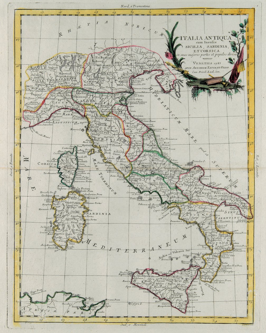 Politisk karta över Italien, graverad av G. Zuliani, hämtad från volym IV av "Novissimo Atlas" publicerad i Venedig 1785 av Antonio Zatta, Privat samling av G. Zuliani