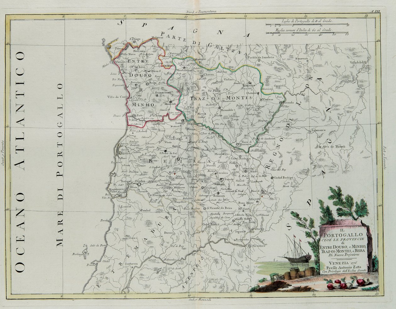 Portugal, det vill säga provinserna Entre Douro, Minho, Traz-os-Montes och Beir, gravyr av G. Zuliani hämtad från Tome I of the Newest Atlas publicerad i Venedig 1776 av Antonio Zatta, Private Coll. av G. Zuliani