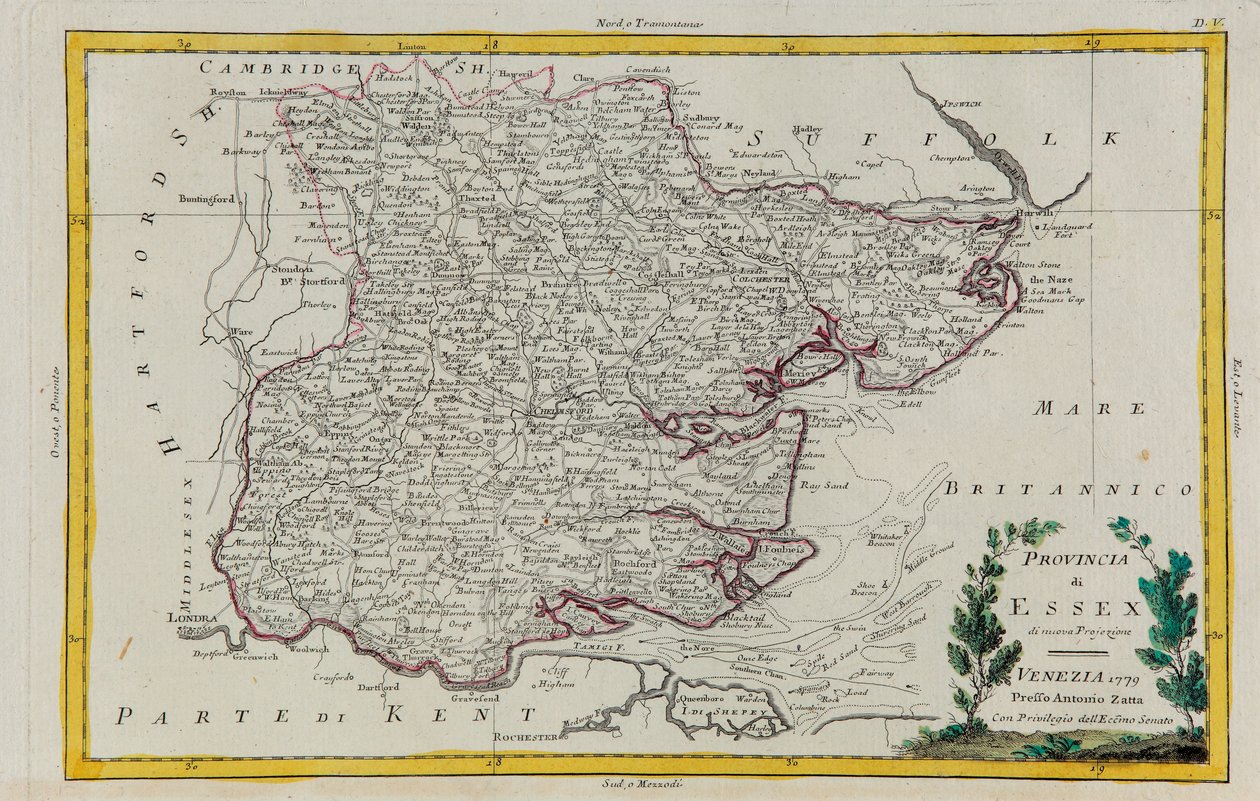 Provinsen Essex, gravyr av G. Zuliani hämtad från Tome I av "Newest Atlas" publicerad i Venedig 1779 av Antonio Zatta, Privat samling av G. Zuliani