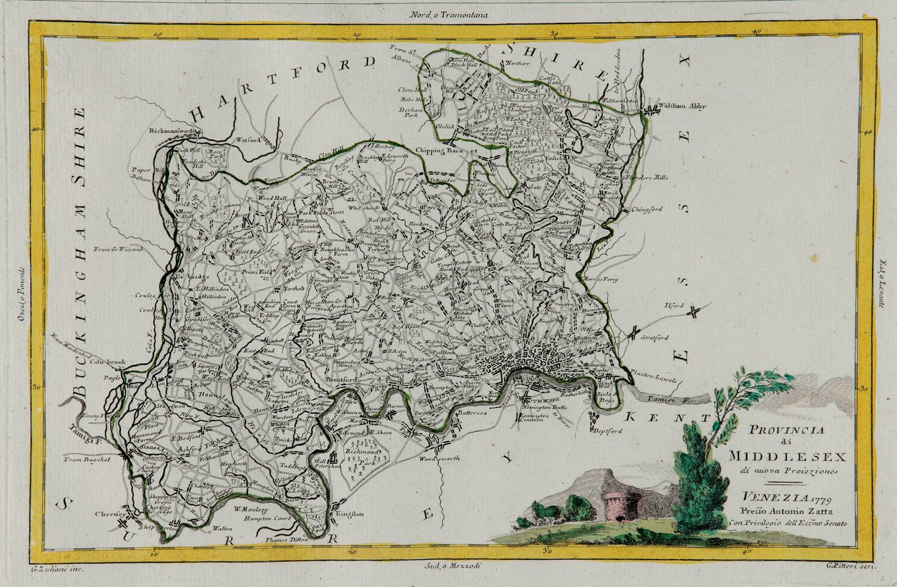 Provinsen Middlesex, gravyr av G. Zuliani hämtad från Tome I av "Newest Atlas" publicerad i Venedig 1779 av Antonio Zatta, Privat samling av G. Zuliani