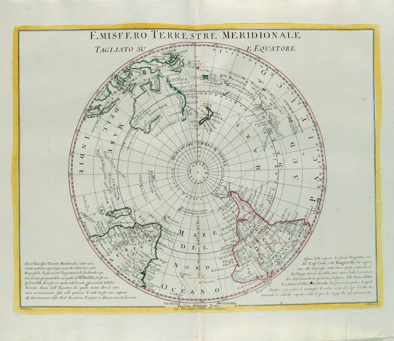 Jordens södra halvklot skuren vid ekvatorn, gravyr av G. Zuliani hämtad från Tome I of the Newest Atlas publicerad i Venedig 1779 av Antonio Zatta av G. Zuliani