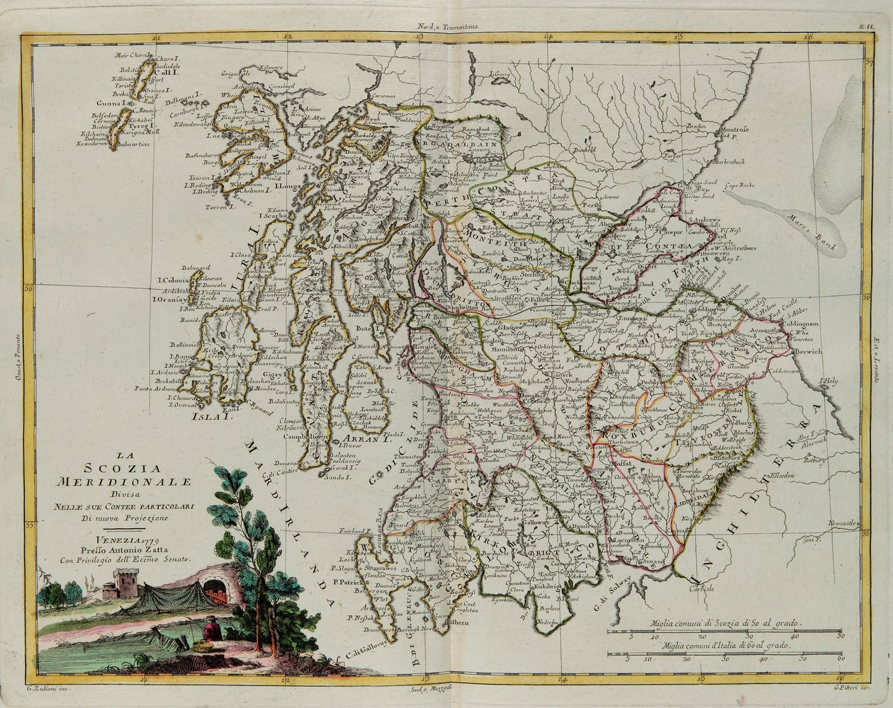 Södra Skottland indelat i sina grevskap, gravyr av G. Zuliani hämtad från Tome I av "Newest Atlas" publicerad i Venedig 1779 av Antonio Zatta, Privat samling av G. Zuliani