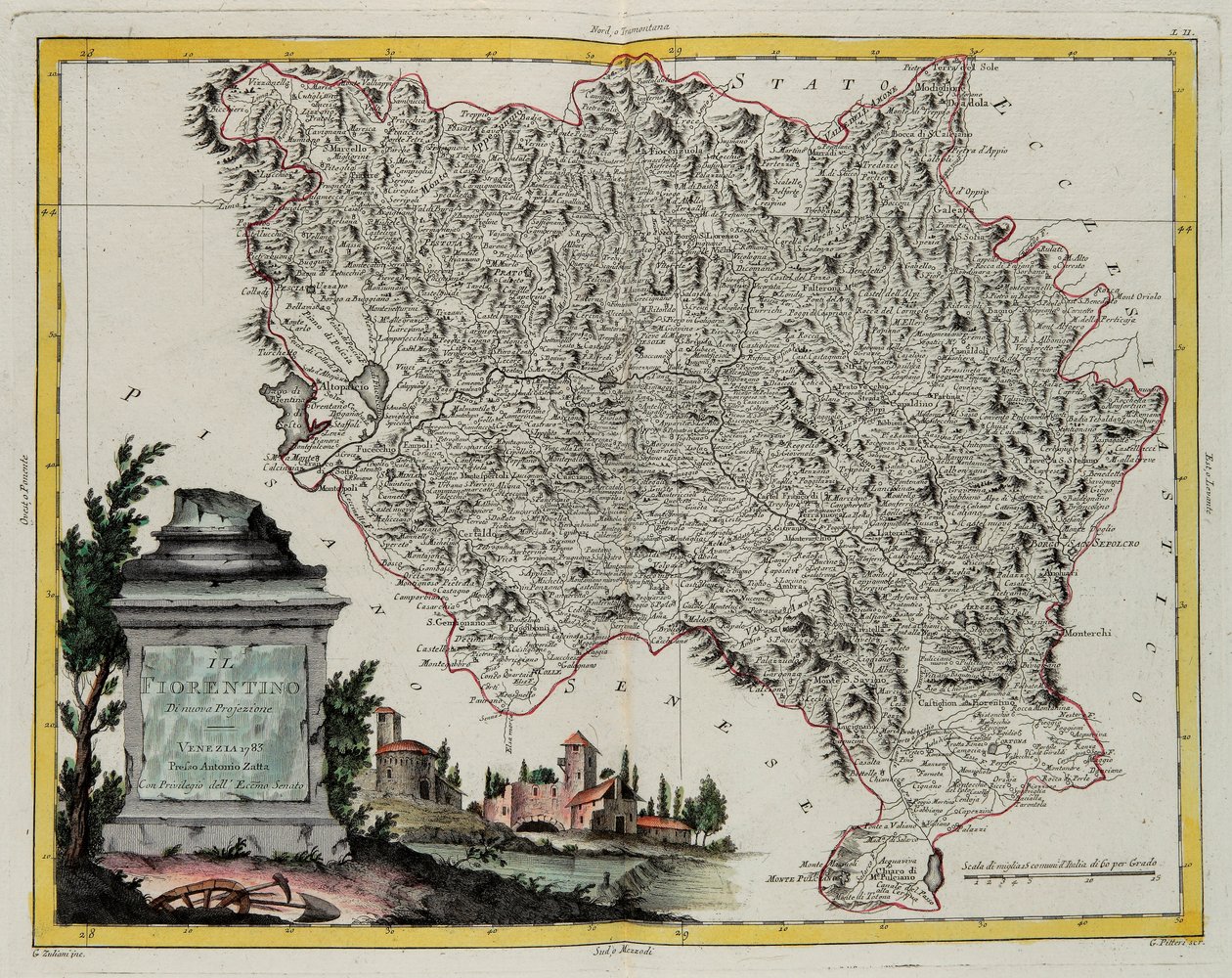 Florens territorium, gravyr av G. Zuliani hämtad från Tome II av "Newest Atlas" publicerad i Venedig 1783 av Antonio Zatta, Privat samling av G. Zuliani