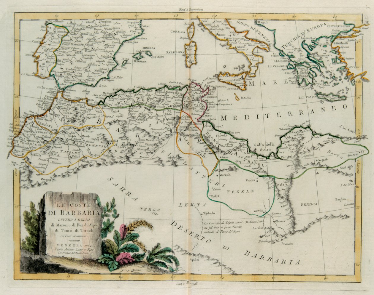 Barbary Coast eller kungadömena Marocko, Fez, Algeriet, Tunisien och Tripoli med omgivande länder, gravyr av G. Zuliani hämtad från Tome IV av "Newest Atlas" publicerad i Venedig 1784 av Antonio Zatta, Privat samling av G. Zuliani