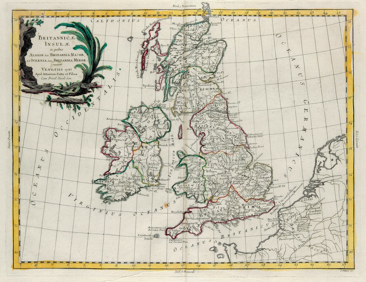 De brittiska öarna där finns Albion eller Greater Britain och Ivernia eller Lesser Britain, gravyr av G. Zuliani hämtad från Tome I of the Newest Atlas publicerad i Venedig 1785 av Antonio Zatta av G. Zuliani