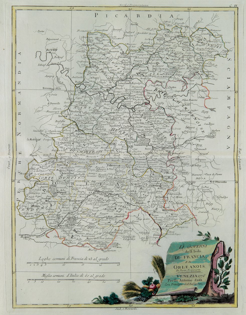 The Governances of the Ile de France och Orleans, gravyr av G. Zuliani hämtad från Tome I of the Newest Atlas publicerad i Venedig 1776 av Antonio Zatta, Privat samling av G. Zuliani