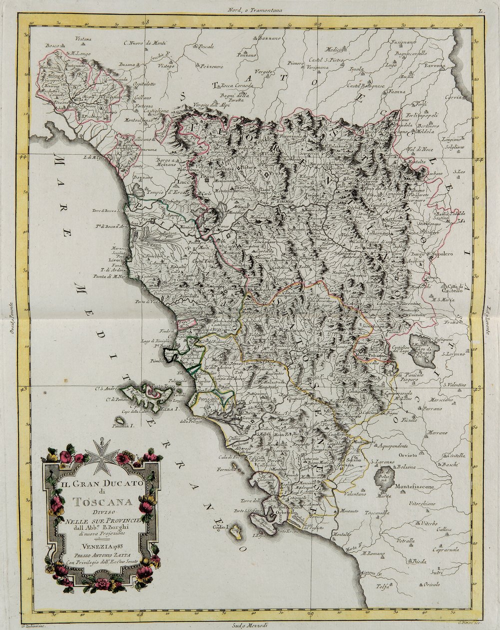 Storhertigdömet Toscana uppdelat i sina provinser, gravyr av G. Zuliani hämtad från Tome II av "Nyaste Atlas" publicerad i Venedig 1783 av Antonio Zatta, Privat samling av G. Zuliani