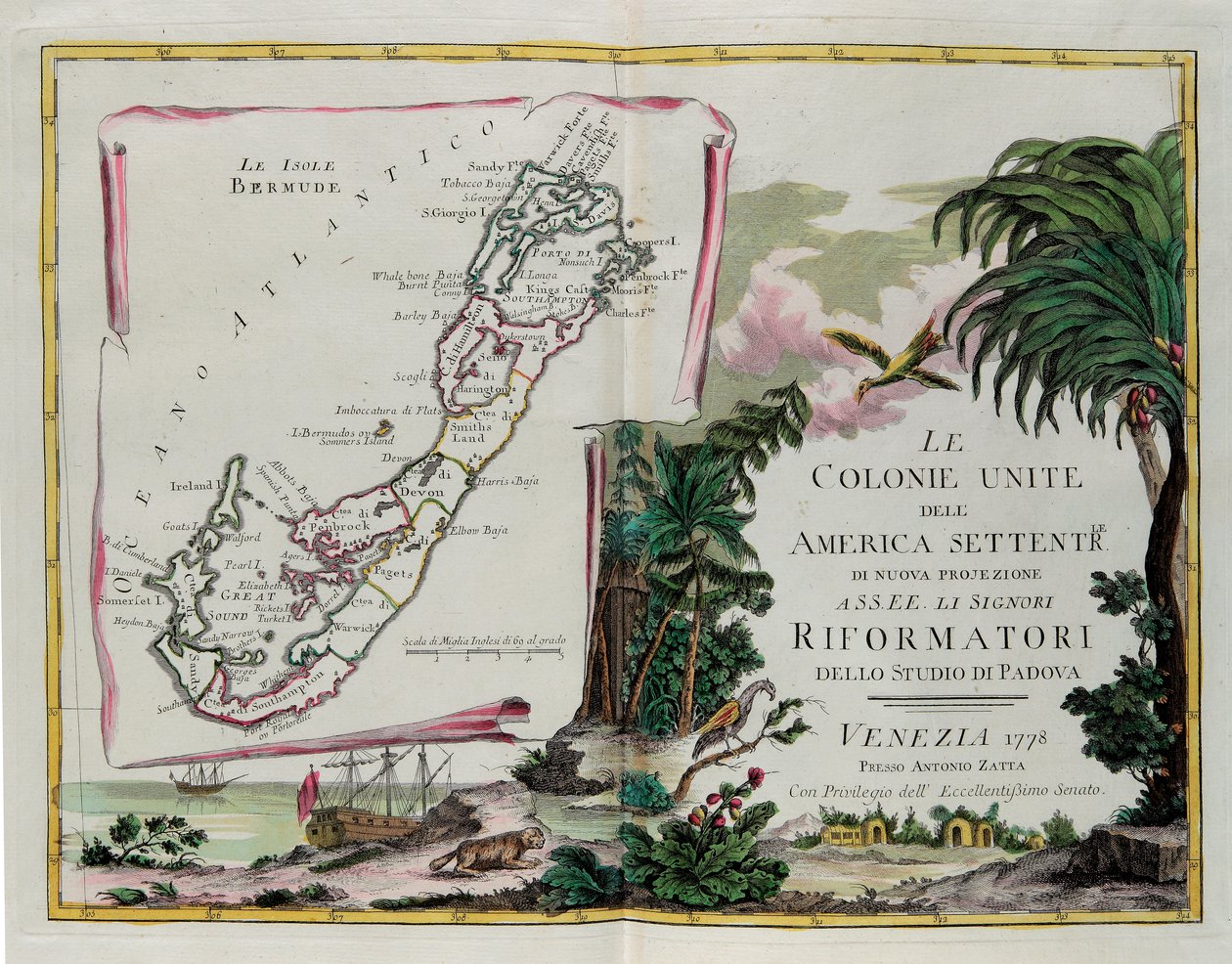 Bermudaöarna och framsidan av sektionen tillägnad Nordamerikas förenade kolonier, gravyr av G. Zuliani hämtad från Tome I av "Newest Atlas" publicerad i Venedig 1778 av Antonio Zatta, Privat samling av G. Zuliani