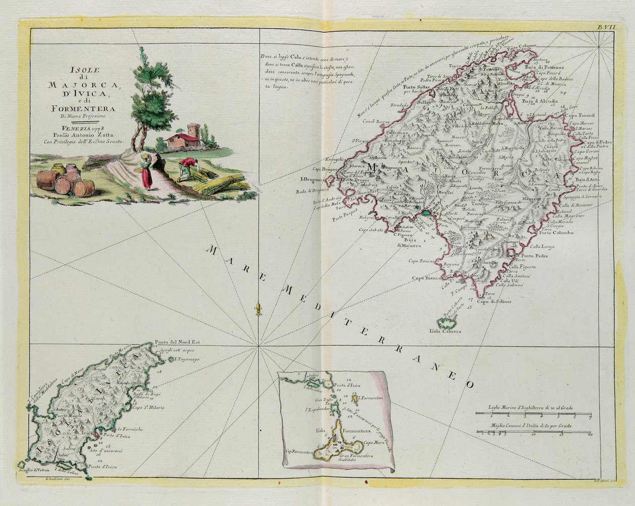 Öarna Mallorca, Ivica och Formentera, gravyr av G. Zuliani hämtad från Tome I av "Nyaste Atlas" publicerad i Venedig 1778 av Antonio Zatta, Privat samling av G. Zuliani