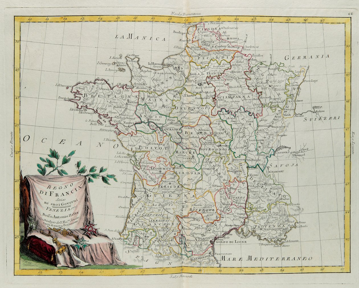 Kungariket Frankrike delade sig i sina styrningar, gravyr av G. Zuliani hämtad från Tome I av den nyaste atlasen publicerad i Venedig 1776 av Antonio Zatta, Privat samling av G. Zuliani