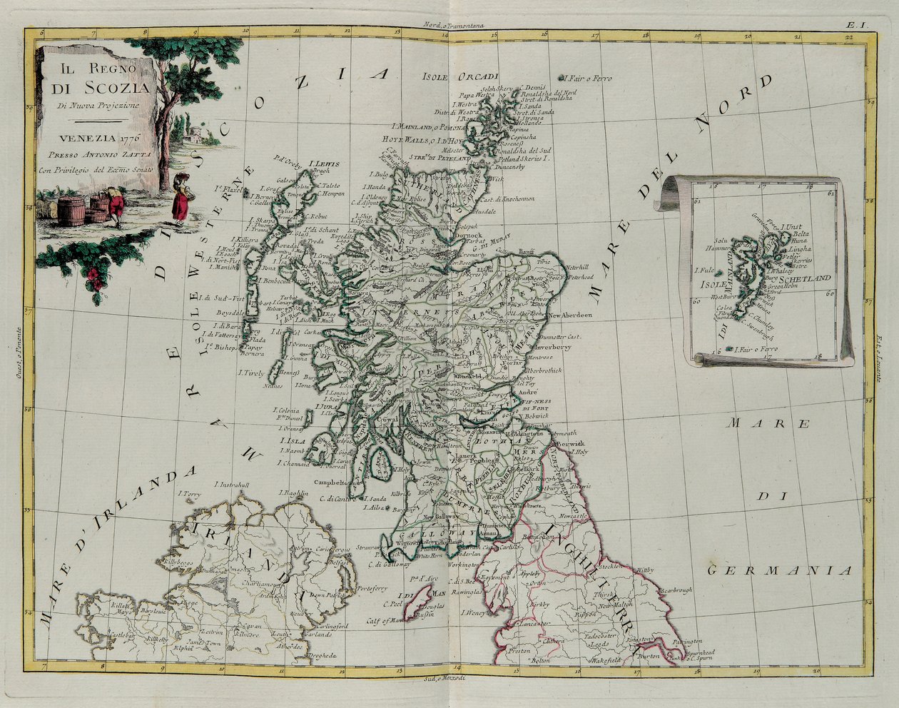 The Kingdom of Scotland, gravyr av G. Zuliani hämtad från Tome I of the Newest Atlas publicerad i Venedig 1776 av Antonio Zatta, Privat samling av G. Zuliani