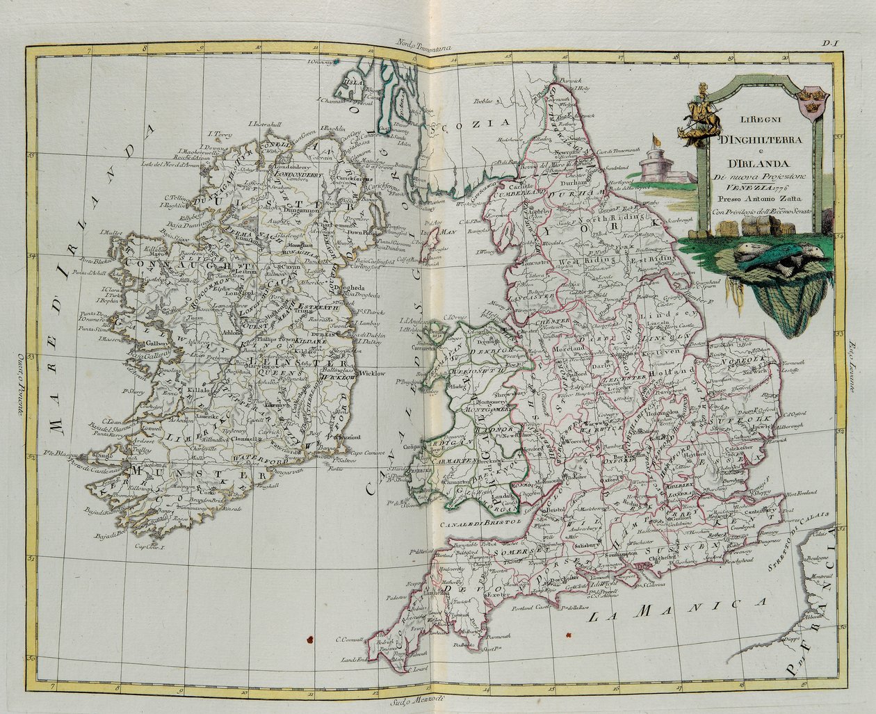 Kingdoms of England and Ireland, gravyr av G. Zuliani hämtad från Tome I of the Newest Atlas publicerad i Venedig 1776 av Antonio Zatta, Privat samling av G. Zuliani
