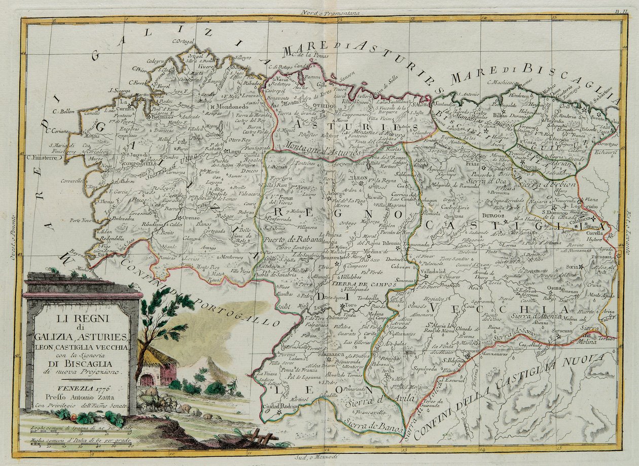 Kungadömena Galicien, Asturies, Leon, Castilla Vieja med rådet av Biscallia, gravyr av G. Zuliani hämtad från Tome I av den nyaste atlasen publicerad i Venedig 1776 av Antonio Zatta, Priva av G. Zuliani