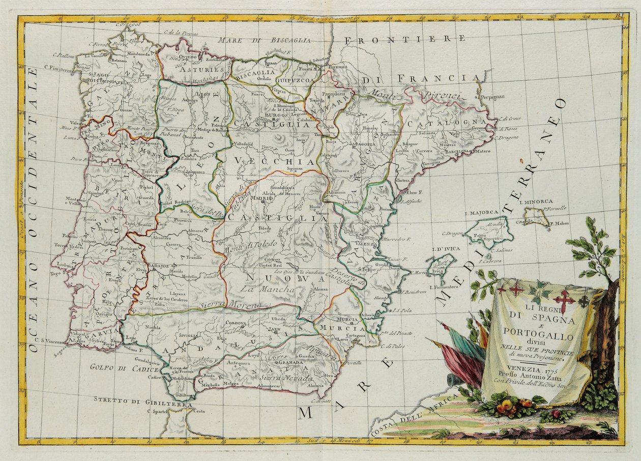 Kungadömena Spanien och Portugal delade sig i sina provinser, gravyr av G. Zuliani hämtad från Tome I of the Newest Atlas publicerad i Venedig 1775 av Antonio Zatta, Privat samling av G. Zuliani