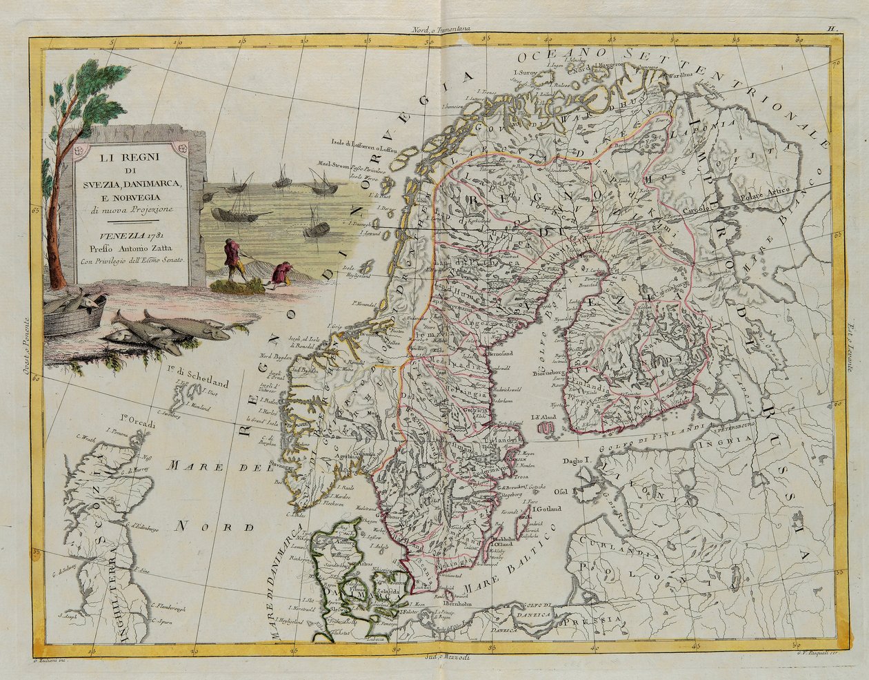 Konungariket Sverige, Danmark och Norge, gravyr av G. Zuliani hämtad från Tome III i "Nyaste Atlas" publicerad i Venedig 1781 av Antonio Zatta, Privat samling av G. Zuliani