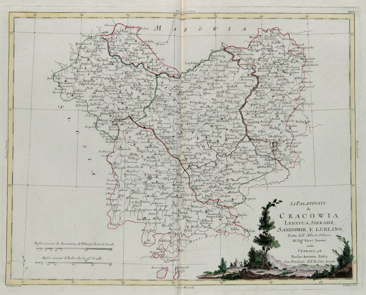 Pfalzerna i Krakov, Lekzyca, Sieradz, Sandomir och Lublin, gravyr av G. Zuliani hämtad från Tome III i "Nyaste Atlas" publicerad i Venedig 1781 av Antonio Zatta, Privatsamling av G. Zuliani
