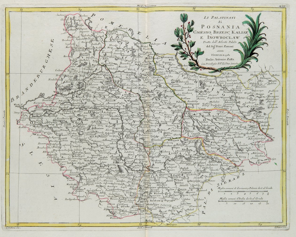 Pfalzerna i Posnania, Gniesno, Brzesc, Kalisz och Inovroclav, graverade av G. Zuliani, hämtade från volym III av "Nyaste Atlas" publicerad i Venedig 1781 av Antonio Zatta, Privatsamling av G. Zuliani