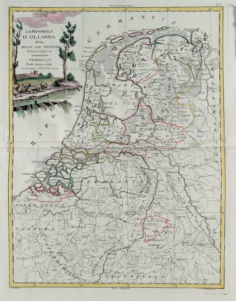 Republiken Holland delas i sina provinser, gravyr av G. Zuliani hämtad från Tome I av den nyaste atlasen publicerad i Venedig 1776 av Antonio Zatta, Privat samling av G. Zuliani